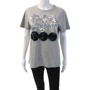 Odeeh Womens Cotton Sequined Graphic Printed Short Sleeve T-Shirt Gray Size S